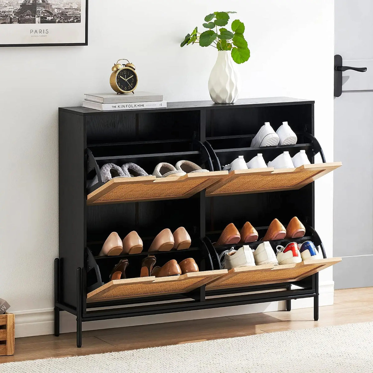 Rattan Shoe Storage Cabinet with 4 Flip Drawers, Freestanding Entryway Shoe Organizer, Adjustable Shelves, Narrow Space Saving Shoe Rack
