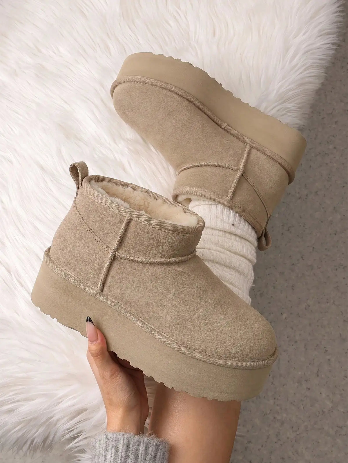 Women Furry Ankle Boots Genuine Leather 1.96-Inch Platform Winter Snow Boots Soft Suede Outdoor Street Commute Cozy Warm Fashion Boots Shoes
