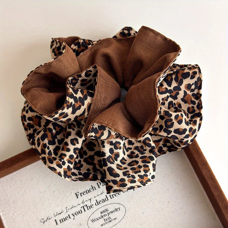 Coffee Leopard Double-Layer Hair Tie with Advanced Sense Hair Rope Flower Bud Head Rope Autumn Winter Hair Accessories