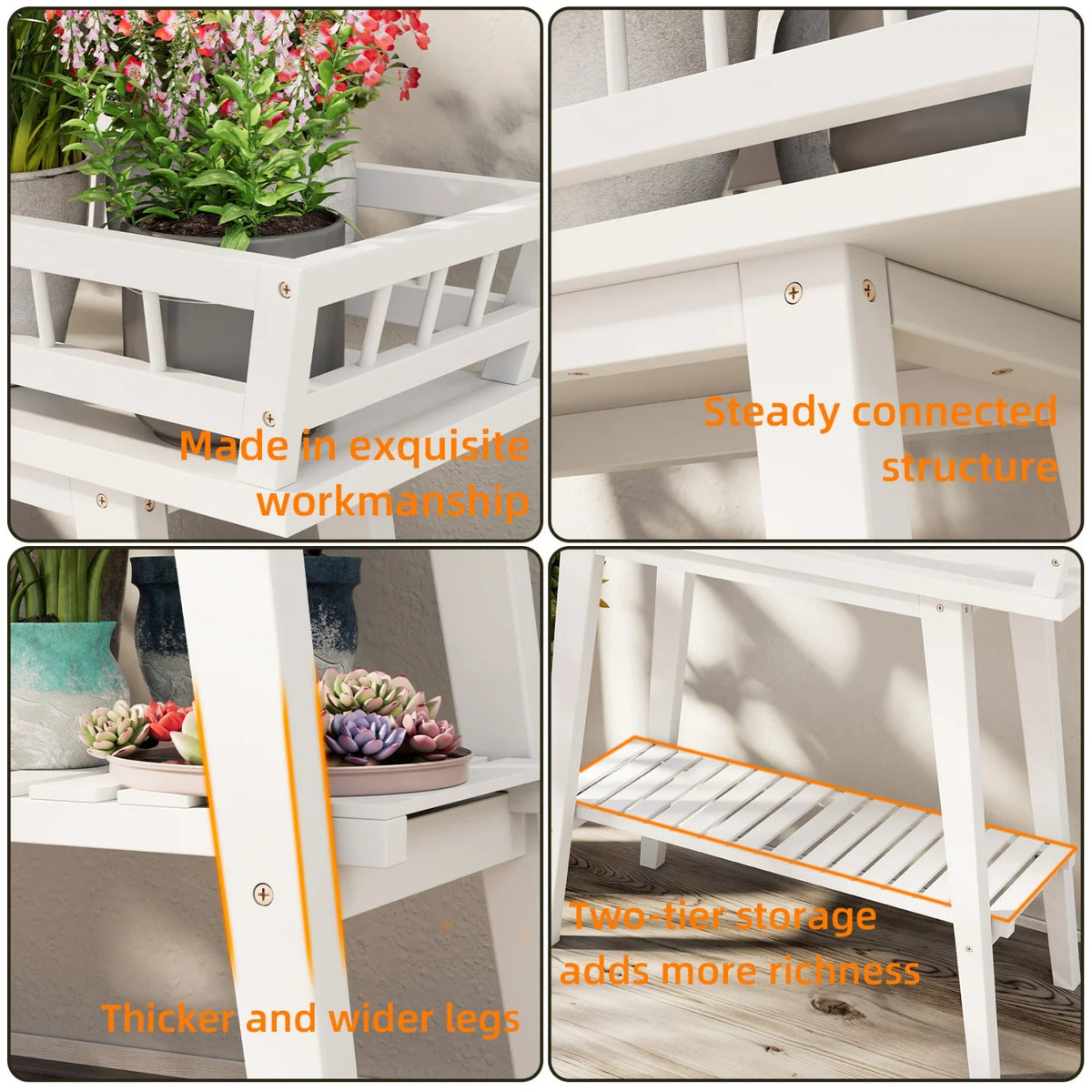 2 Tier Bamboo Plant Stand Garden Plant Shelf Flower Pot Holder for Balcony, Entryway Living Room, White