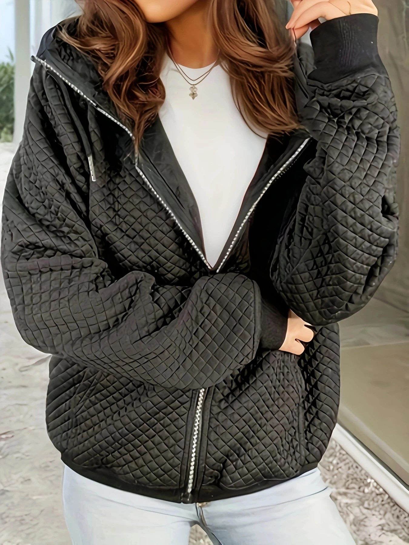 Plus size black diamond quilted stand collar zip-up jacket loose casual textured pocket versatile cropped jacket