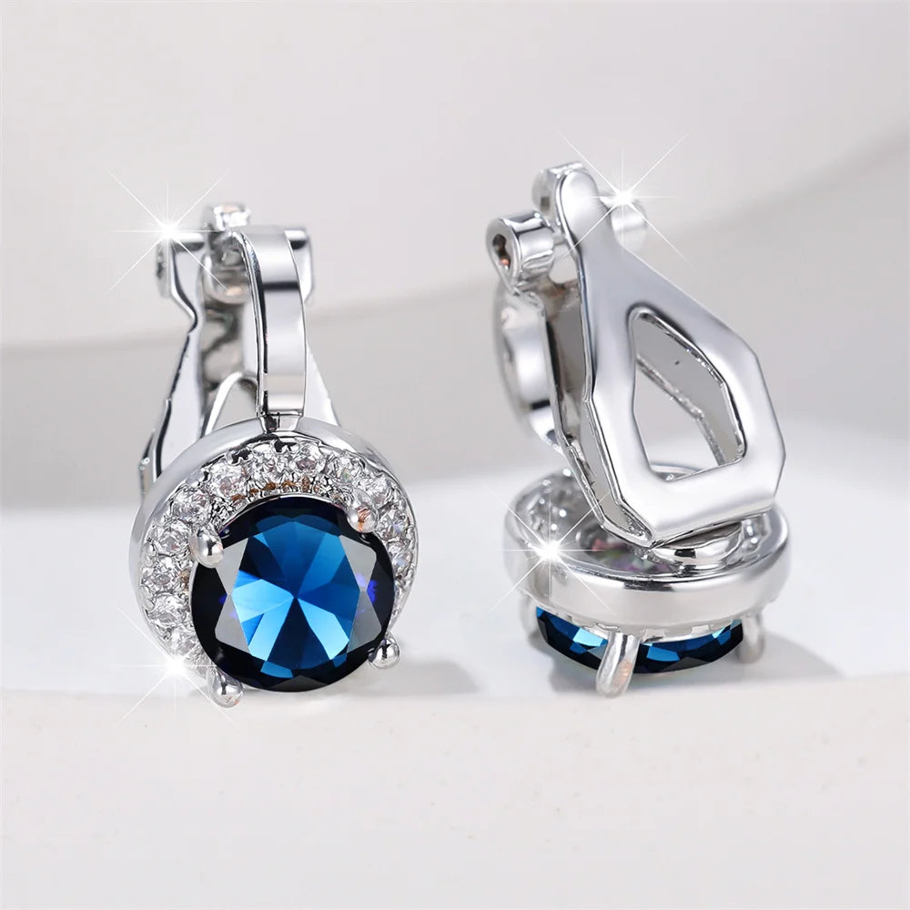 Mystic Rainbow Crystal Round Stone Clip Earrings For Women Rose Gold Silver Color Multicolor Zircon Jewelry Simple Fashion Gifts