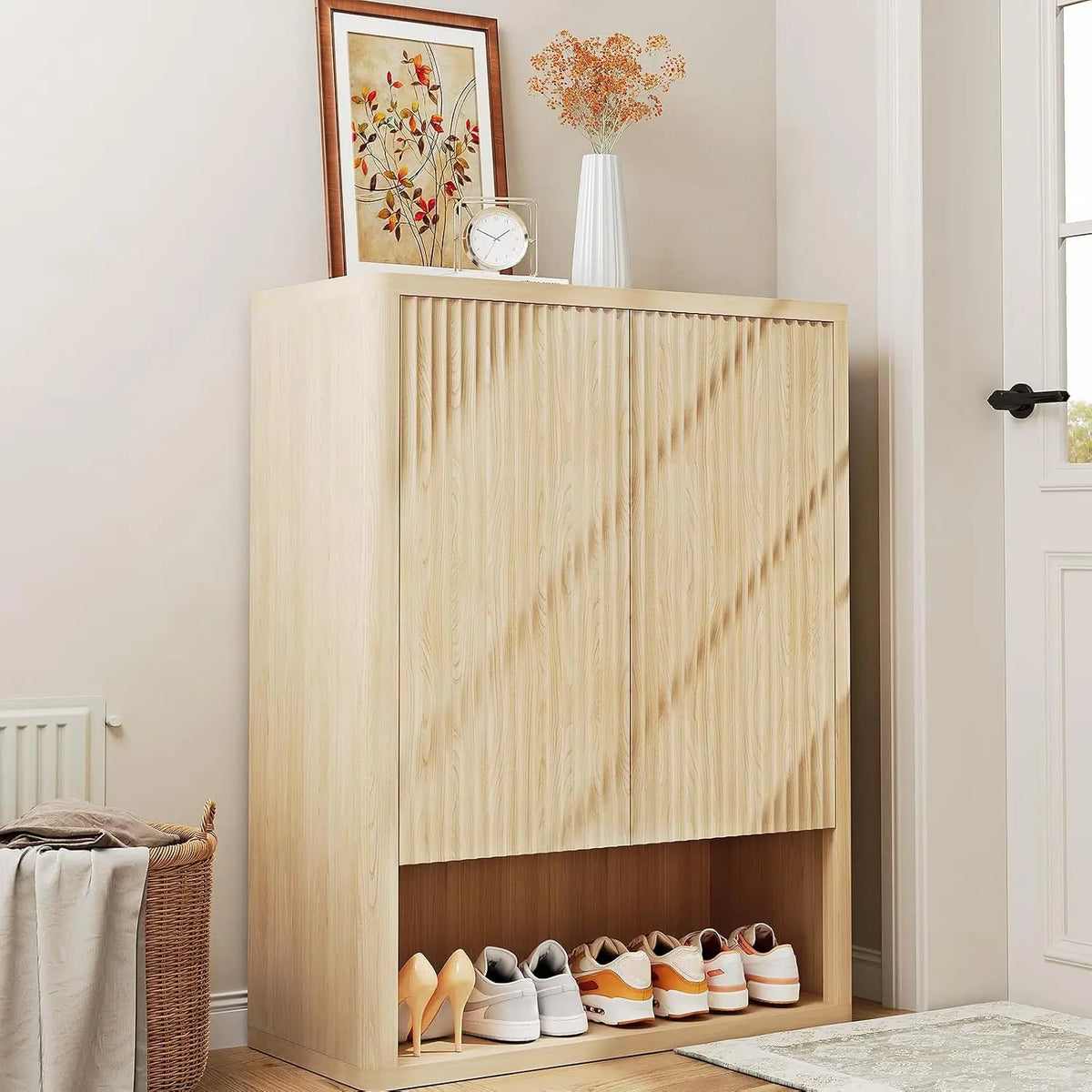 44.5 in Tall Fluted Shoe Cabinet with Doors, Large Wooden Shoe Storage Cabinet with Adjustable Shelves, Mid Century Free Standing 6-Tier Cabinet for Entryway Hallway Living Room Closet