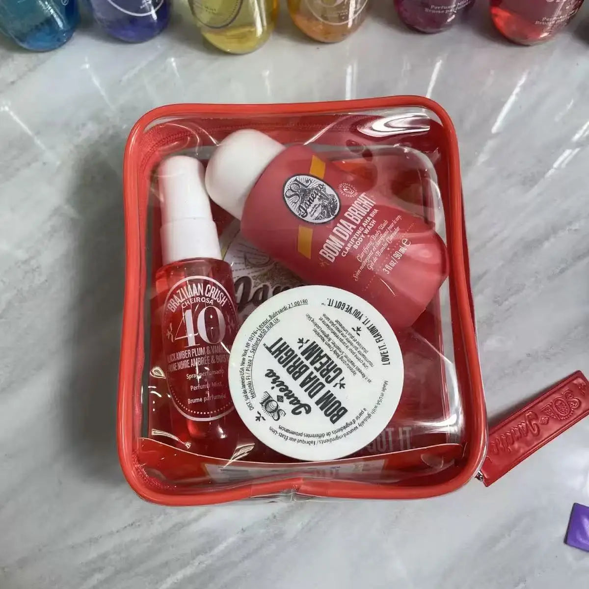 Sol de Janeiro Bom Dia Bright 3-Piece Body Care Gift Set - Bright Cream, AHA BHA Wash & Cheirosa 40 Mist with Red Pouch