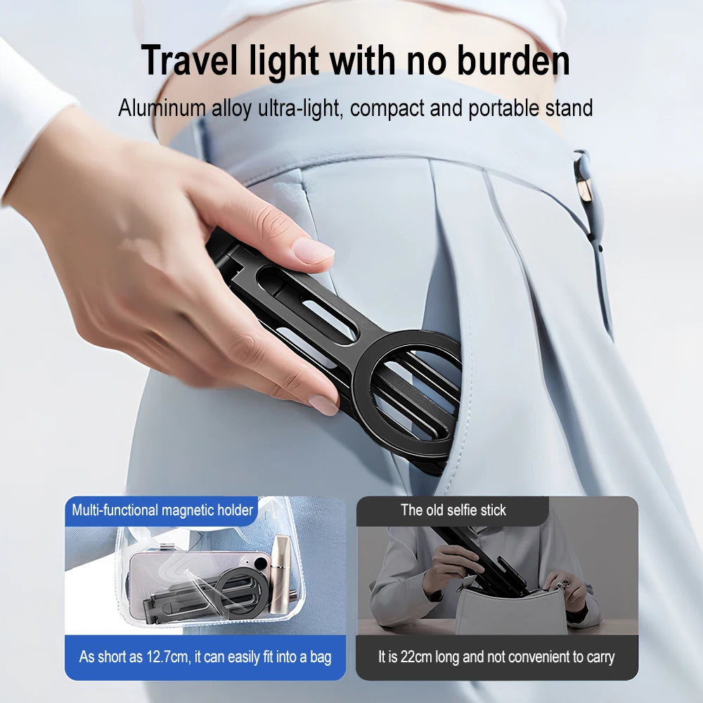 360° Rotating For Magsafe Magnetic Phone Tripod Selfie Stick Foldable Stand Aluminum Cell Phone Holder Stand For iPhone 18 Pro Max 17 16 15 Samsung Smartphone Desktop Mount