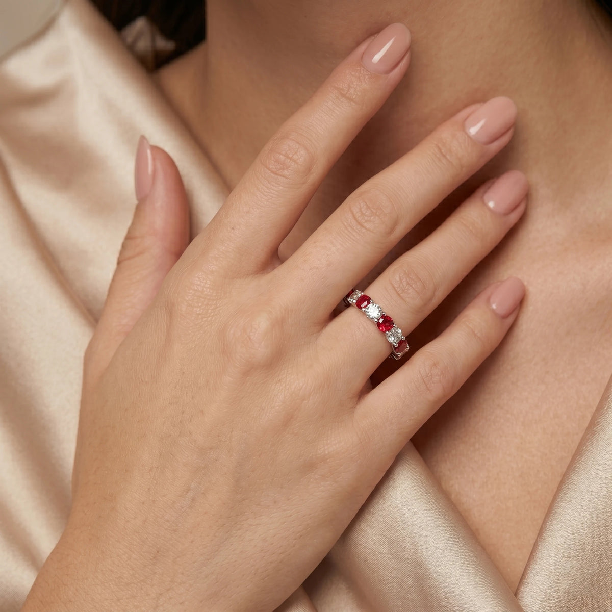 Moissanite Ring, 925 Sterling Silver, Lab Ruby & Moissanite Mixed, Full Pave, Jewelry Gift, Women's, Pass Diamond Tester