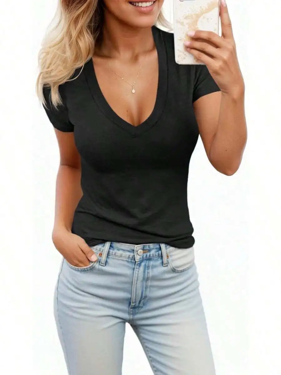 Womens Summer Sexy Short Sleeve Tshirt Tops Deep V Neck Shirts Casual Slim Fit Basic T-Shirt Tee