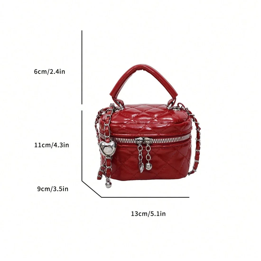 Mini Box Crossbody Bag, Silver Quilted Metallic Purse with Chain Strap, Top Handle & Heart Charm, Women's Evening Clutch