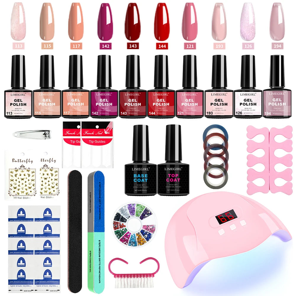 LIMEGIRL Nail Gel Polish Kit 10PCS Glitter Art Gel with Base Coat Top Coat and Quick Drying UV Lamp for Manicure Salon Supplies Tools