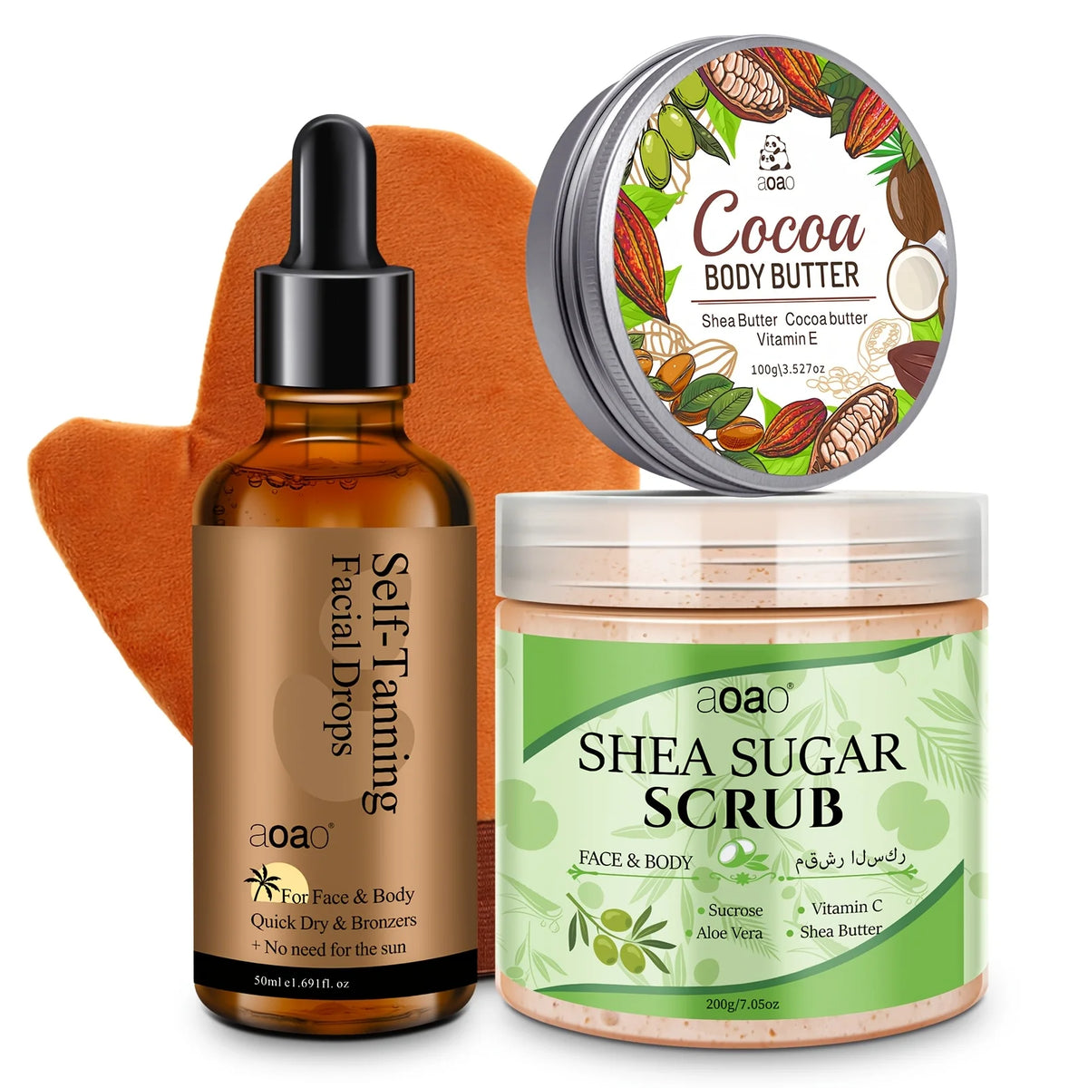 Firming Hydrating Body Scrub with Self-Tanning Serum Shea Butter Gloves Set for Natural Glow Skin Care