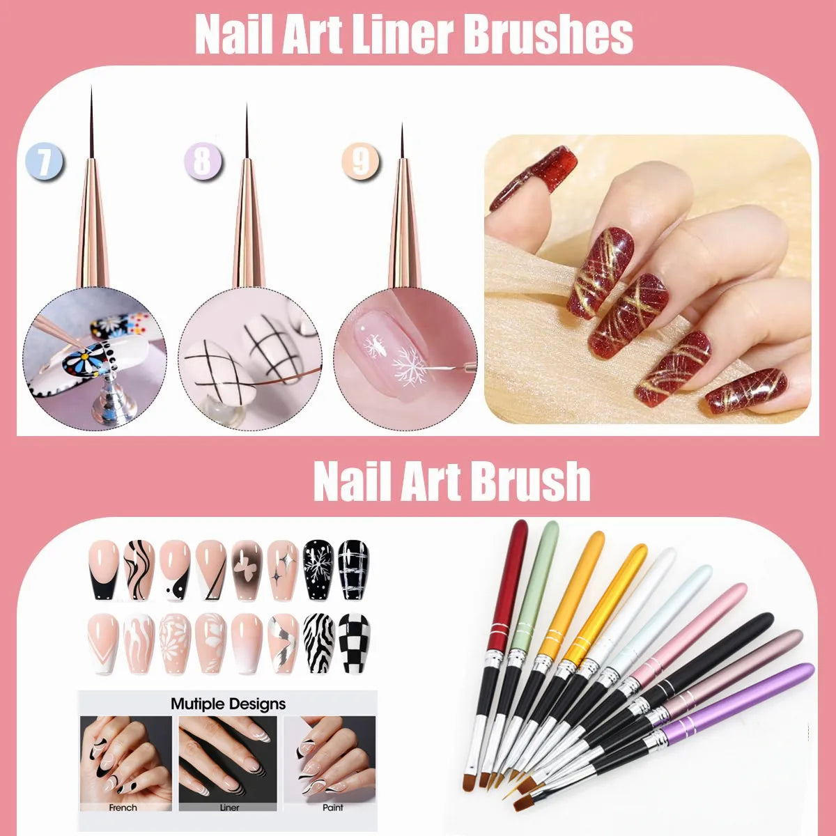 Nail Art Brushes, Nail Art Pens Striping Liner Fingernail Drawing Pens All in One for Starter Manicure Design