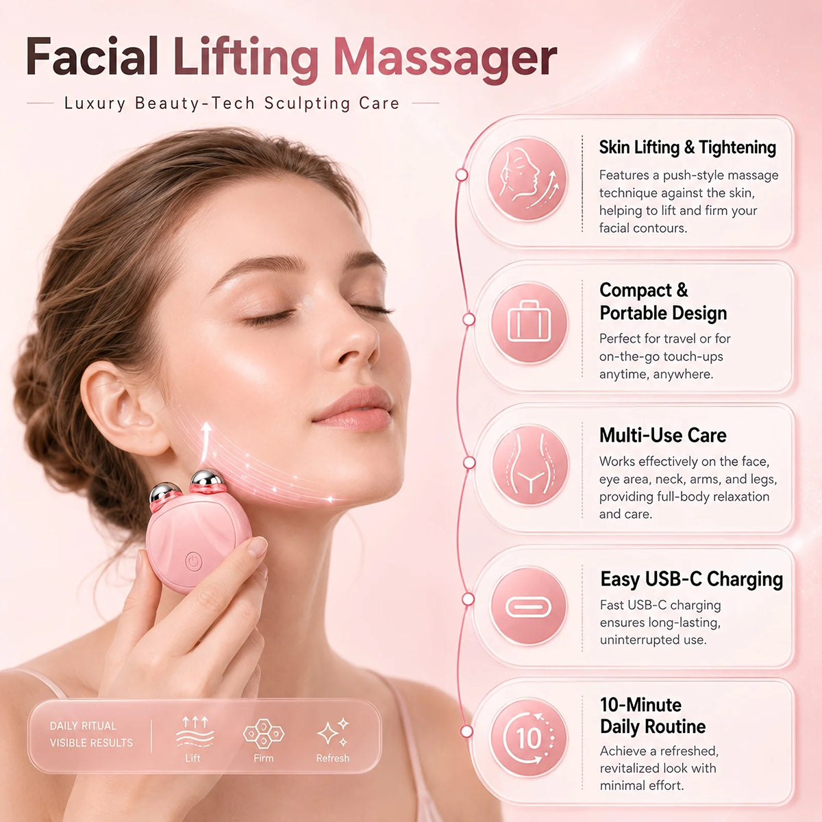 4-in-1 EMS Facial Lifting Massager, Dual Roller Face Sculpting Device with Red & Blue Light, Vibration Massage, Skin Firming & Tightening Care, USB-C Rechargeable Portable Beauty Tool for Face Eye Neck Arms Legs, 10-Min Daily