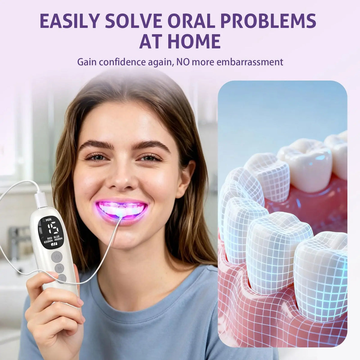 KTS Red Light Therapy for Gums Oral Care Light 650nm Red 460nm Blue LED Mouthpiece with Smart Controller Rechargeable Gum Care Device for Sensitive Gums Daily Oral Wellness Detachable Easy Clean Mouth Tray 5 10 15 30 Min Time