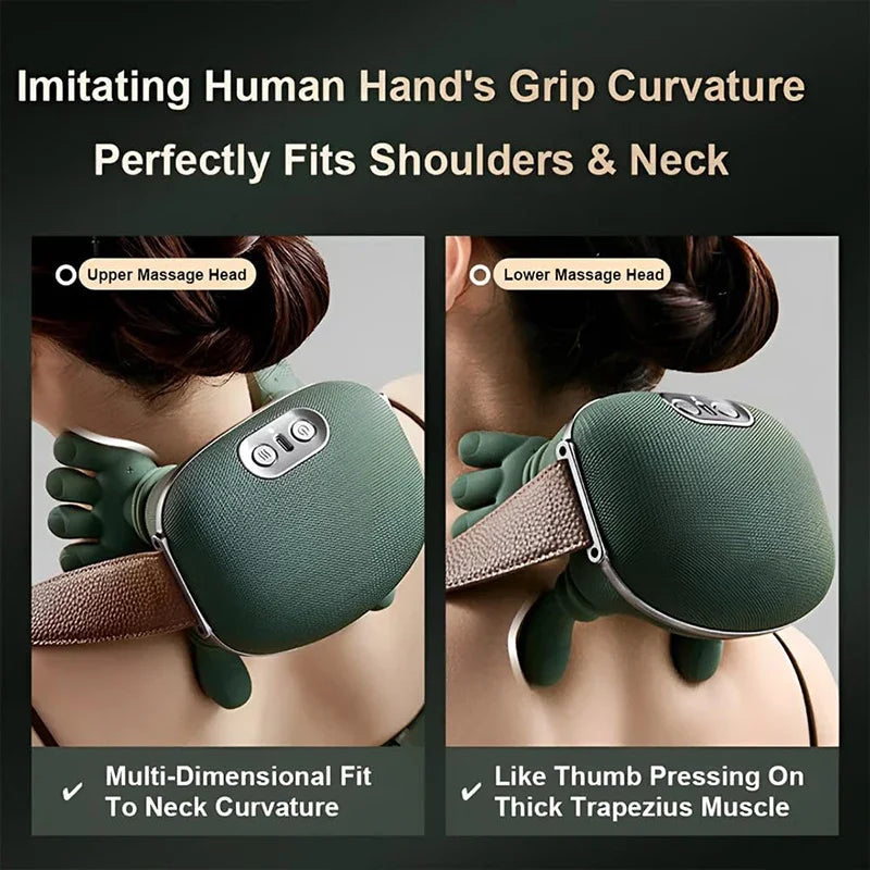Electric Neck Massager Shoulder Massager with Heat Therapy Deep Tissue Massage Portable Rechargeable Cervical Massager for Relaxation Stress Relief Office Workers Muscle Recovery Handheld Massage Device with Human Hand Simula