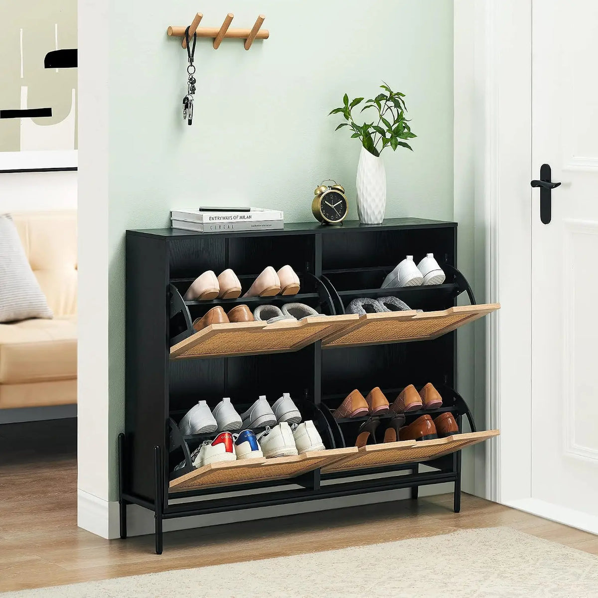 Rattan Shoe Storage Cabinet with 4 Flip Drawers, Freestanding Entryway Shoe Organizer, Adjustable Shelves, Narrow Space Saving Shoe Rack
