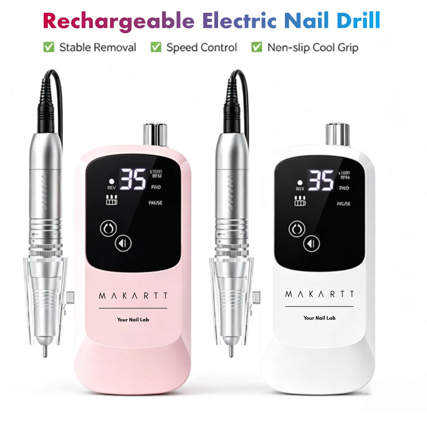 Makartt Rechargeable Electric Nail Drill 35000 RPM with Storage Stand Acrylic Gel Polishing Removing LED Display Cordless Efile