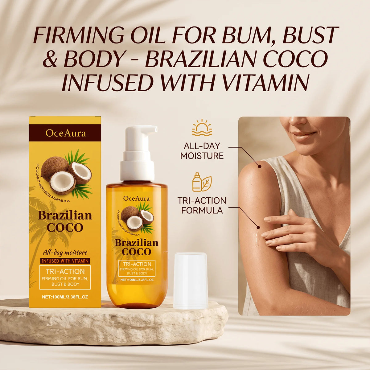 OceAura Coconut Body Oil Deep Moisturizing Nourishing Smooth Skin Lifting Firming Fade Fine Lines Rejuvenating Repairing Dry Body Oil