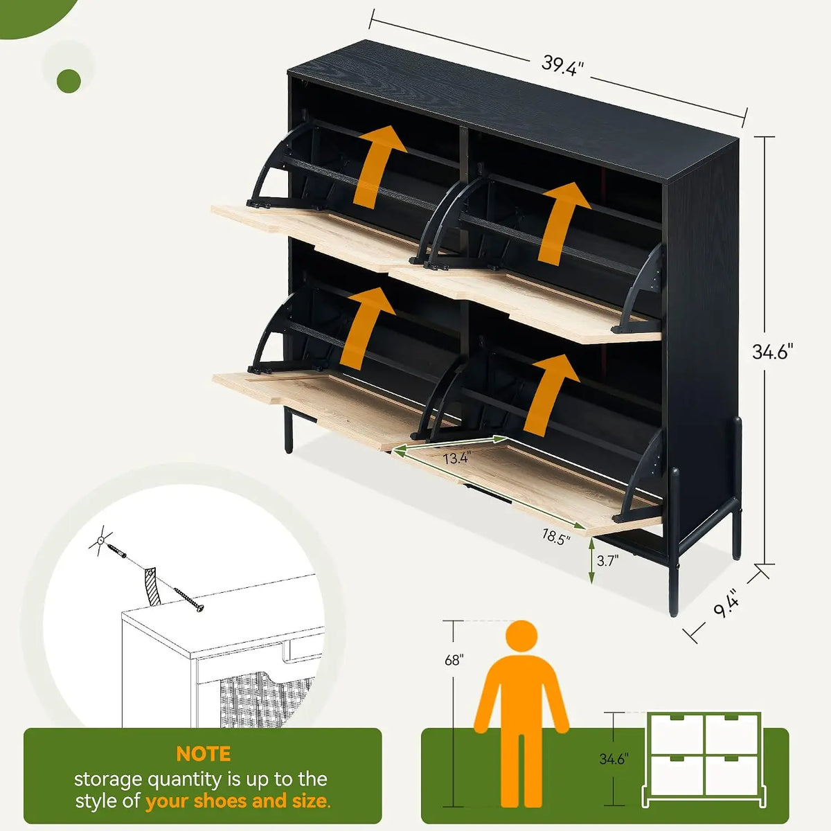 Rattan Shoe Storage Cabinet with 4 Flip Drawers, Freestanding Entryway Shoe Organizer, Adjustable Shelves, Narrow Space Saving Shoe Rack