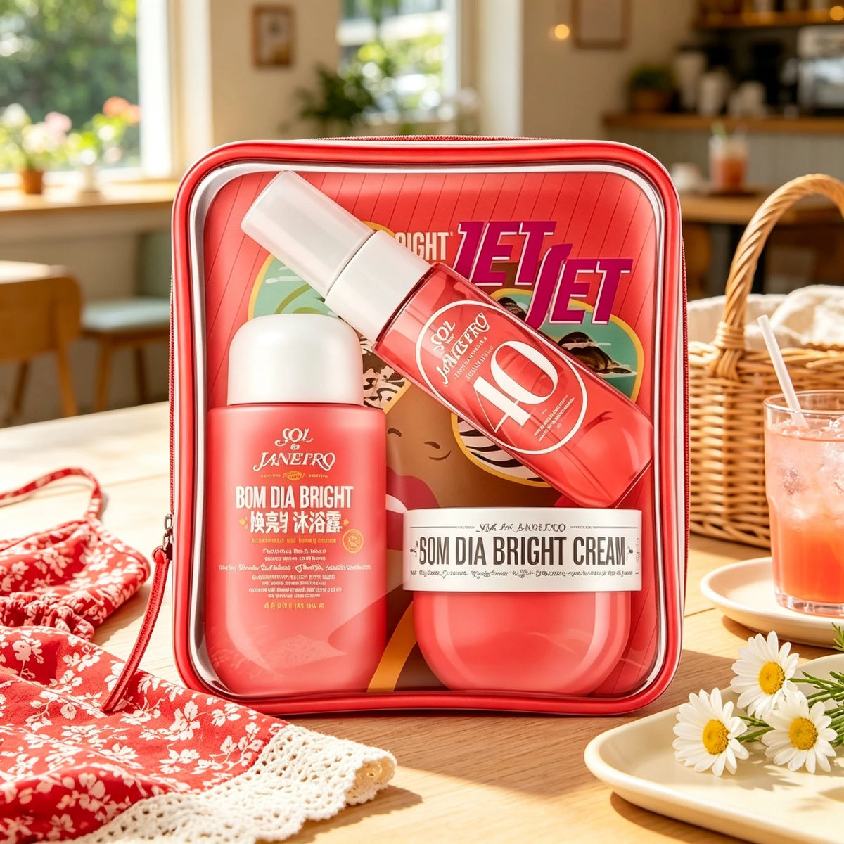 Sol de Janeiro Delicia Drench Body Care Travel Gift Set: A purple, transparent zippered cosmetic bag containing nourishing shower oil, No. 59 fragrance spray, and a mini skincare set with a long-lasting, warm vanilla-sandalwo