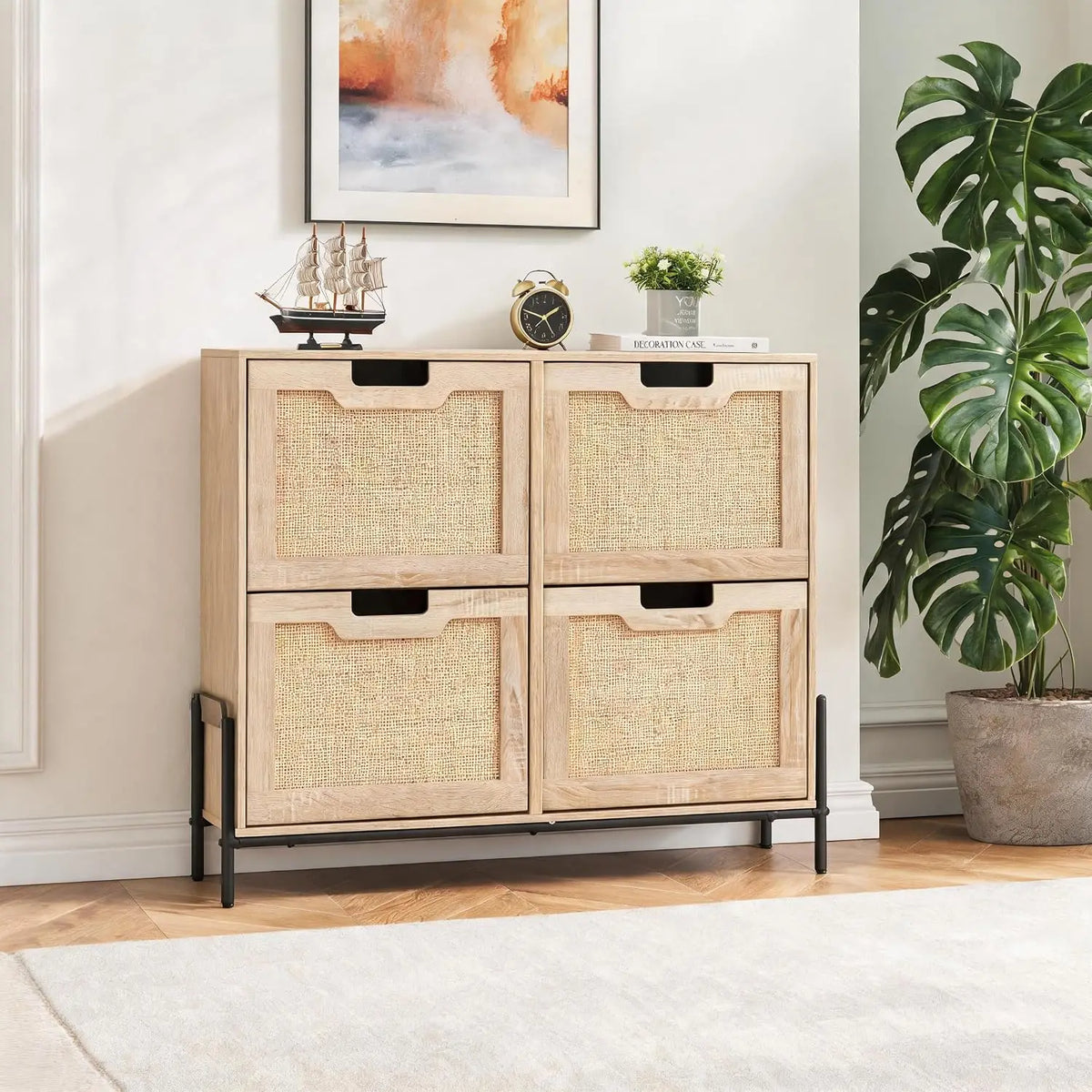 Rattan Shoe Storage Cabinet with 4 Flip Drawers, Freestanding Entryway Shoe Organizer, Adjustable Shelves, Narrow Space Saving Shoe Rack