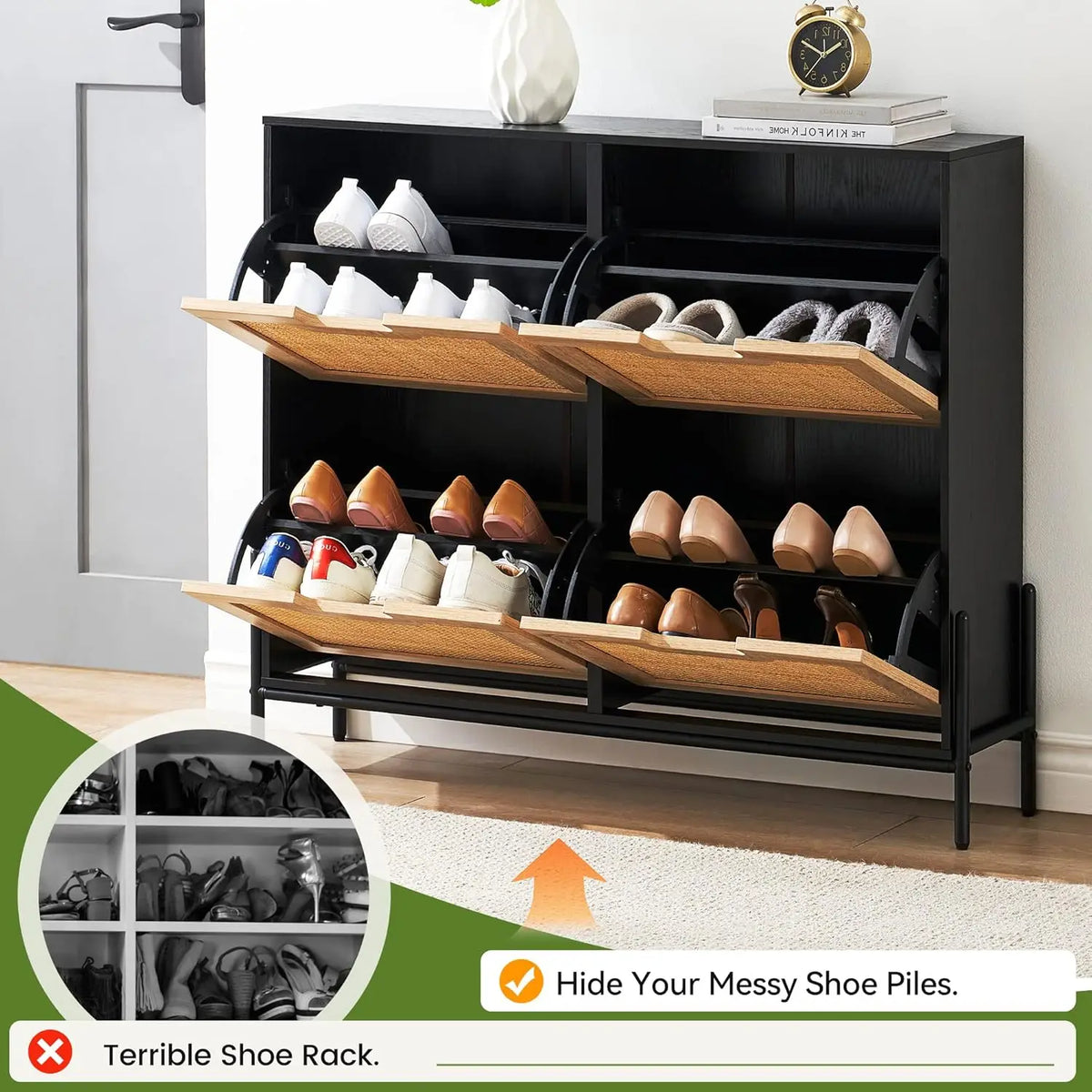 Rattan Shoe Storage Cabinet with 4 Flip Drawers, Freestanding Entryway Shoe Organizer, Adjustable Shelves, Narrow Space Saving Shoe Rack