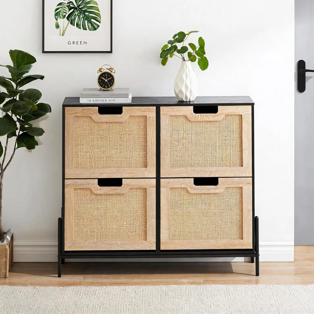 Rattan Shoe Storage Cabinet with 4 Flip Drawers, Freestanding Entryway Shoe Organizer, Adjustable Shelves, Narrow Space Saving Shoe Rack