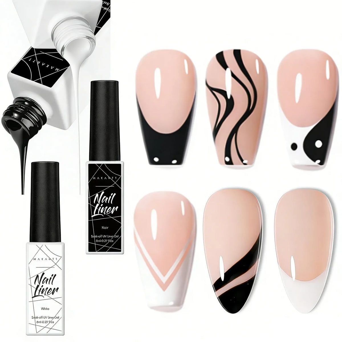 Makartt Painting Nail Gel Liner Polish ,Black and White Gel Liner Nail Polish Drawing Frech Nail Gel Decoration DIY and Salon