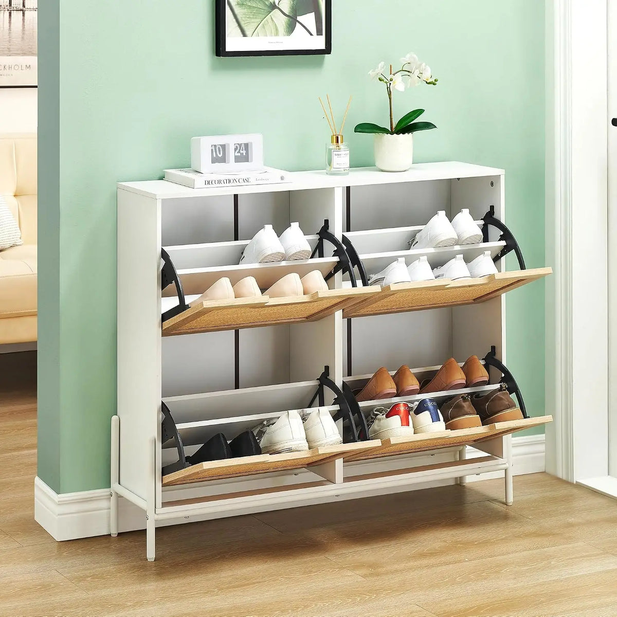 Rattan Shoe Storage Cabinet with 4 Flip Drawers, Freestanding Entryway Shoe Organizer, Adjustable Shelves, Narrow Space Saving Shoe Rack