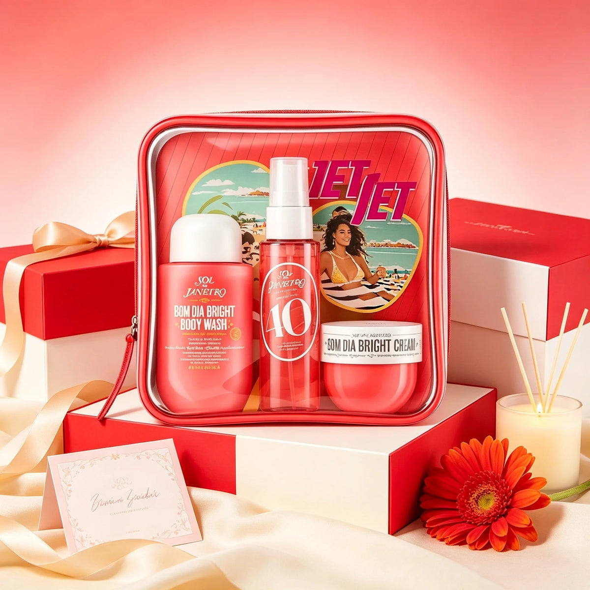 Sol de Janeiro Delicia Drench Body Care Travel Gift Set: A purple, transparent zippered cosmetic bag containing nourishing shower oil, No. 59 fragrance spray, and a mini skincare set with a long-lasting, warm vanilla-sandalwo