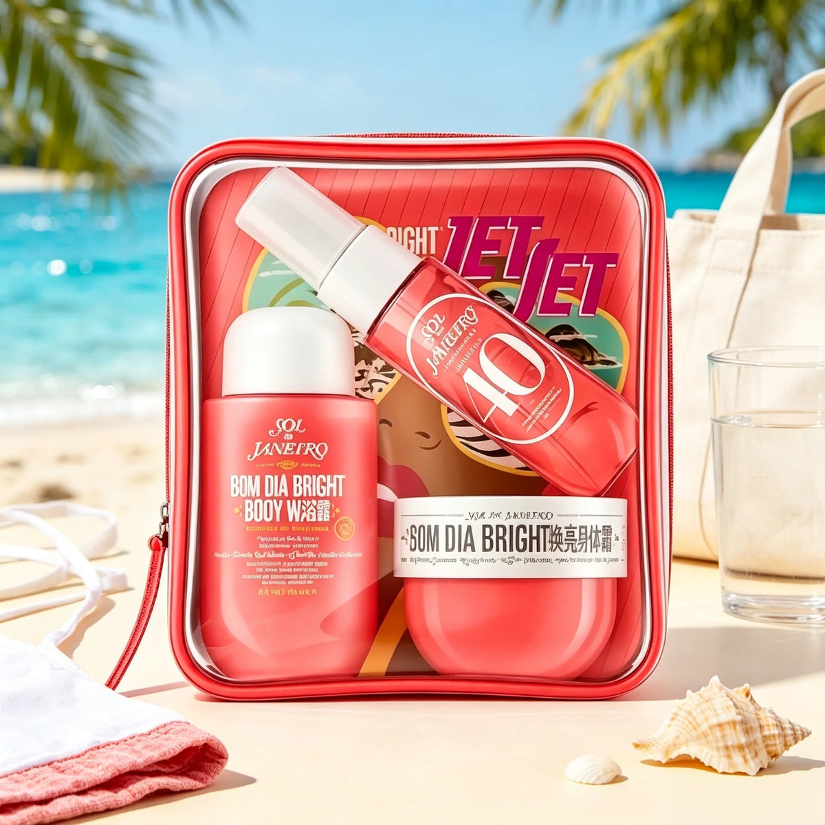 Sol de Janeiro Delicia Drench Body Care Travel Gift Set: A purple, transparent zippered cosmetic bag containing nourishing shower oil, No. 59 fragrance spray, and a mini skincare set with a long-lasting, warm vanilla-sandalwo