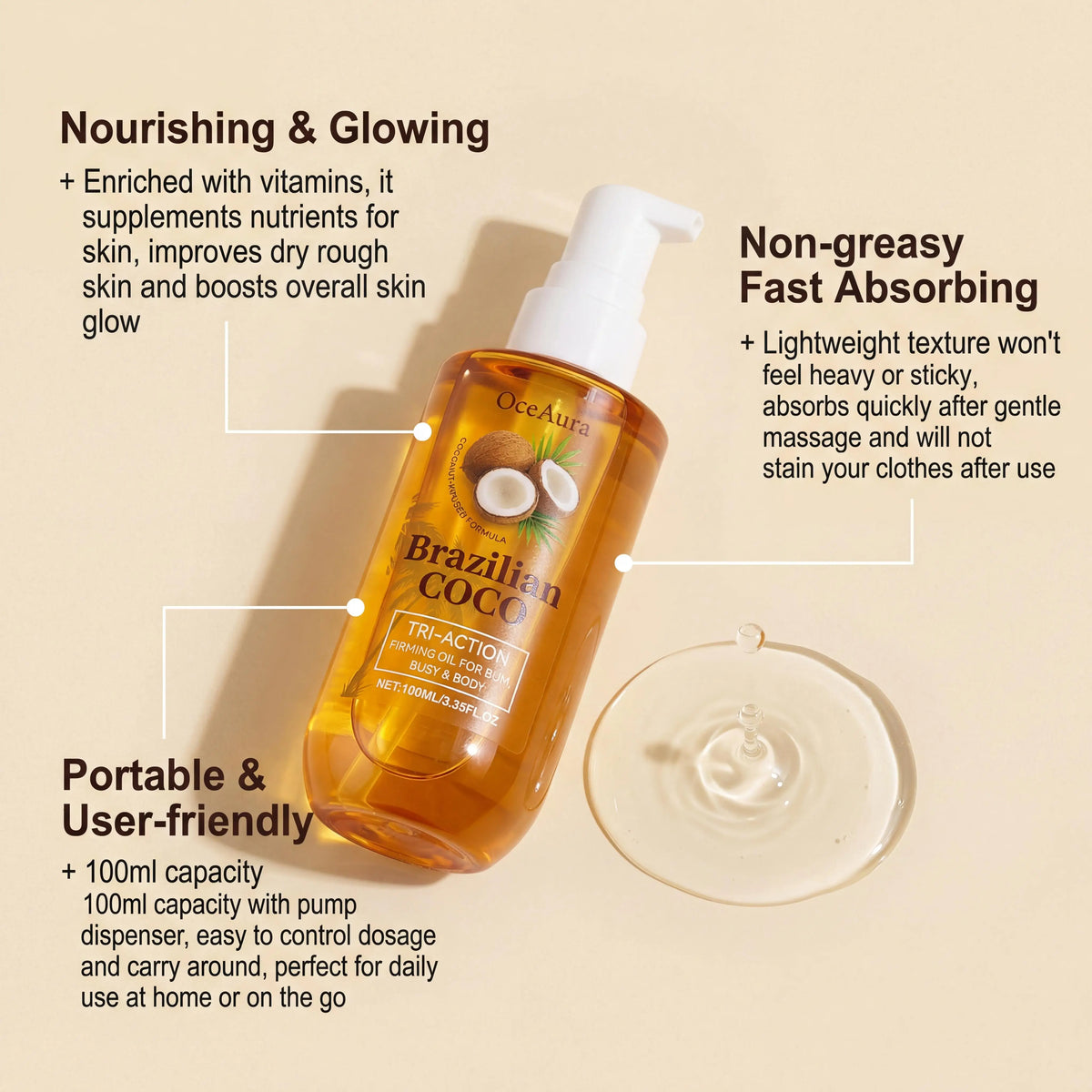 OceAura Coconut Body Oil Deep Moisturizing Nourishing Smooth Skin Lifting Firming Fade Fine Lines Rejuvenating Repairing Dry Body Oil