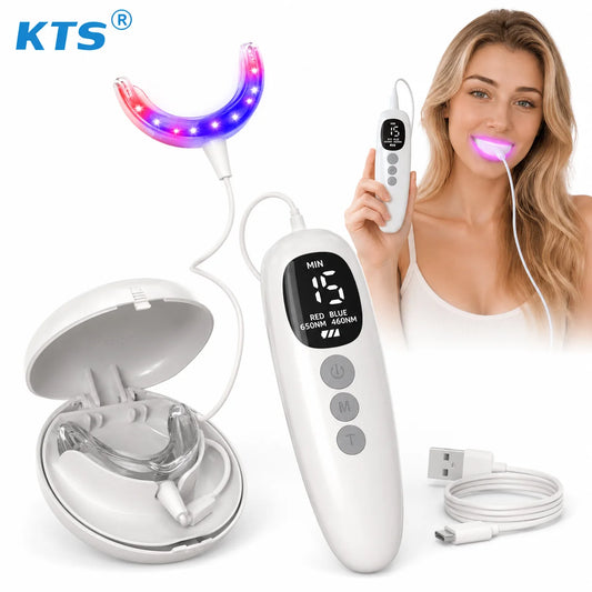 KTS Red Light Therapy for Gums Oral Care Light 650nm Red 460nm Blue LED Mouthpiece with Smart Controller Rechargeable Gum Care Device for Sensitive Gums Daily Oral Wellness Detachable Easy Clean Mouth Tray 5 10 15 30 Min Time