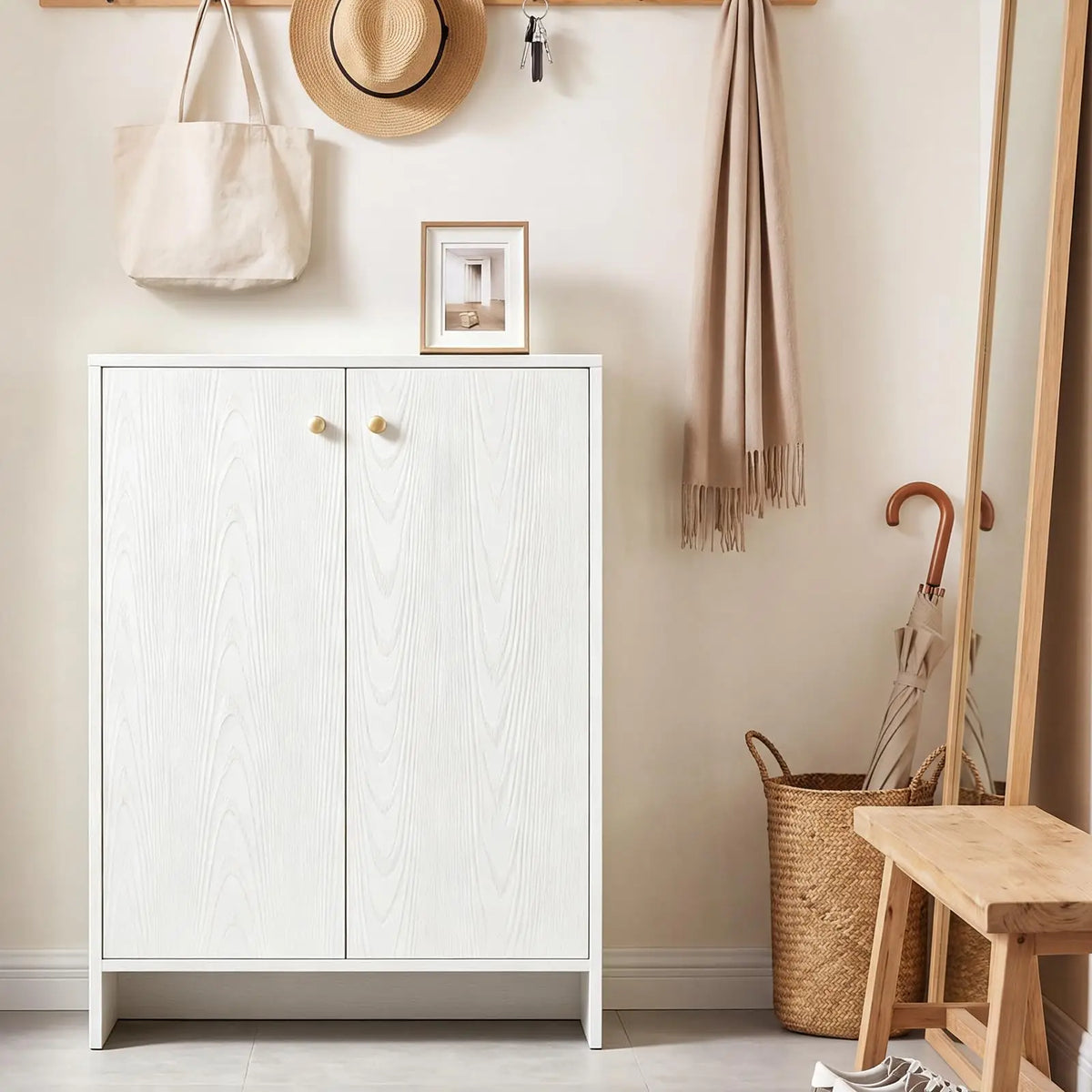 White Shoe Cabinet With Double Doors, Slim 5 Tier Freestanding Shoe Storage Organizer With Waterproof Surface For Entryway Hallway
