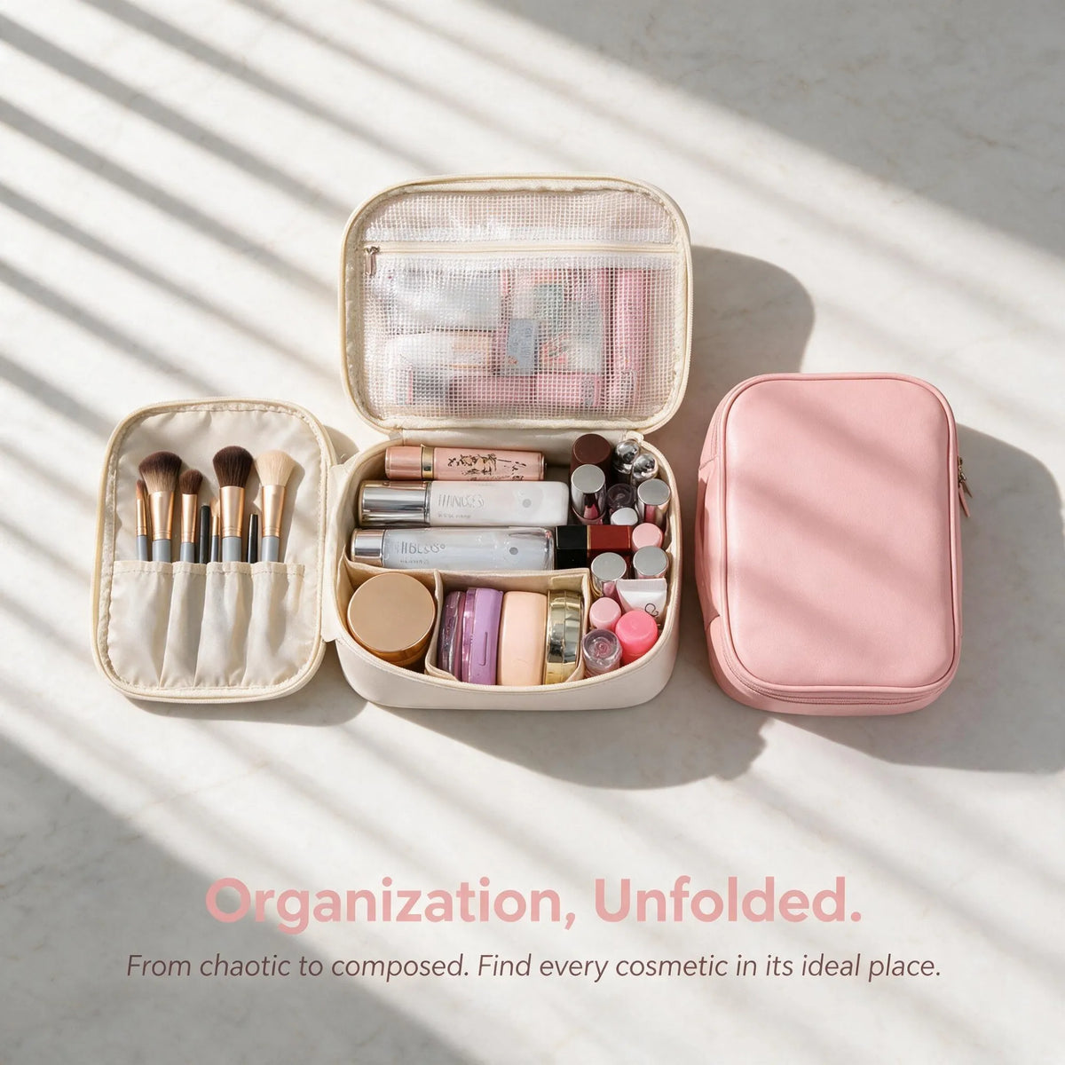 2026 New Waterproof PU Leather Travel Makeup Bag, Portable Flat‑Opening Cosmetic Toiletry Pouch with Handle and Inner Divider, Ideal Holiday Gift for Halloween Thanksgiving Christmas