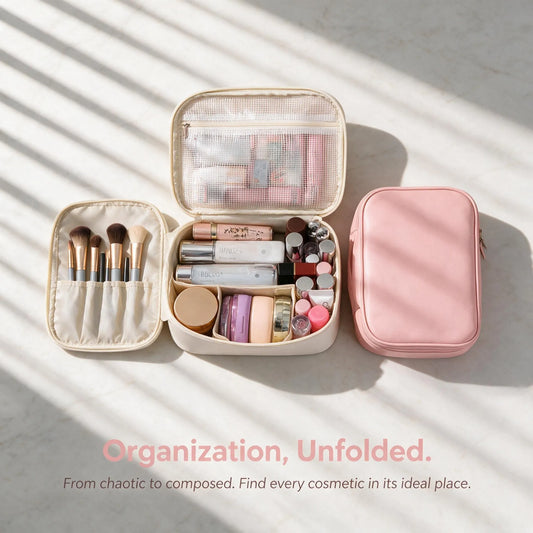 2026 New Waterproof PU Leather Travel Makeup Bag, Portable Flat‑Opening Cosmetic Toiletry Pouch with Handle and Inner Divider, Ideal Holiday Gift for Halloween Thanksgiving Christmas