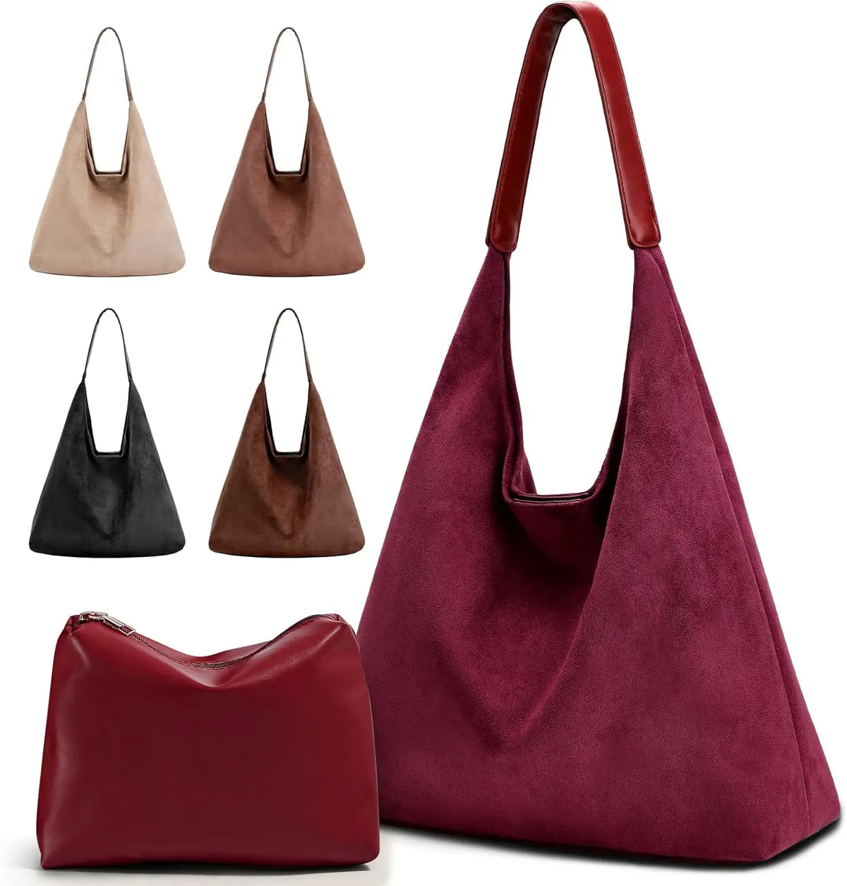 Suede Tote Bag for Woman Vintage Large Capacity with Zippered Cosmetic Organizer, Slochy Hobo Tote Bag, Underarm Bag