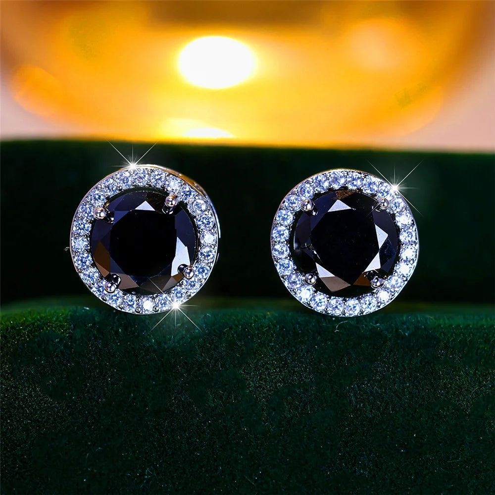 Luxury Female Crystal Purple Blue Green Round Stud Earrings Silver Color Wedding Jewelry For Women