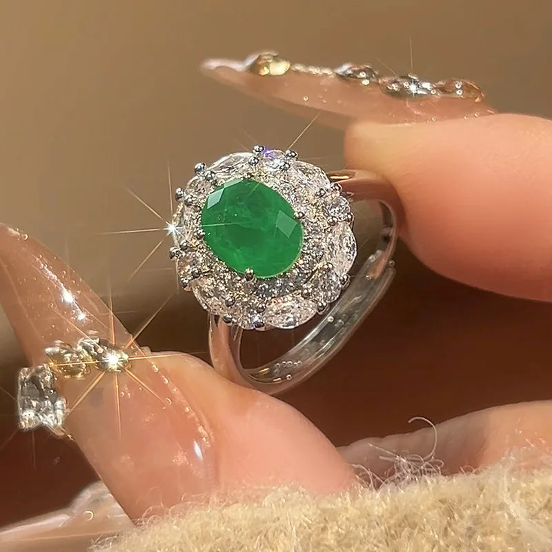 Luxury Emerald Oval Jewelry Adjustable Ring Pendant Necklace Halo Earrings Sparkling Women's Fine Jewelry for Wedding Party Gift