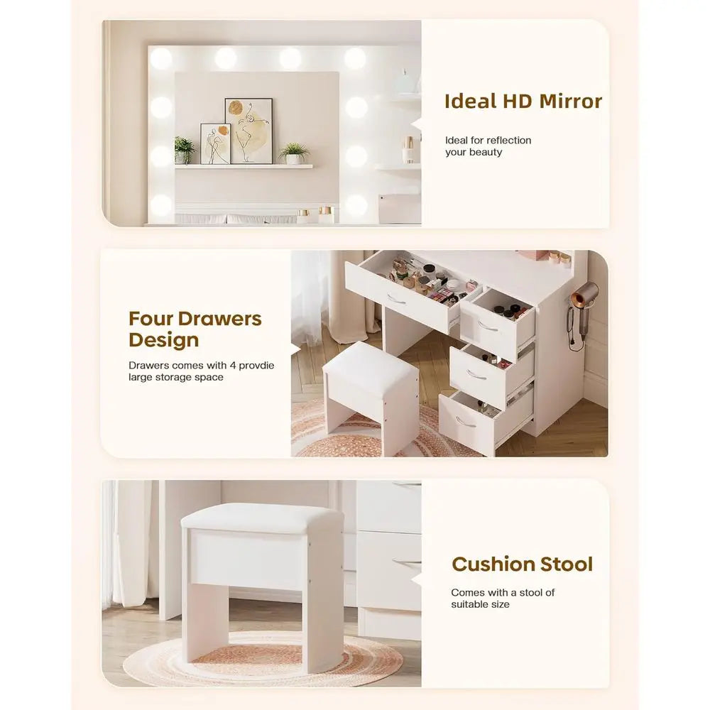 LIVELYGLOW White Makeup Vanity Desk with Charging Station & 4 Ders | 10 LED Bulbs, HD Mirror, Cushioned Stool, Hairdryer Rack