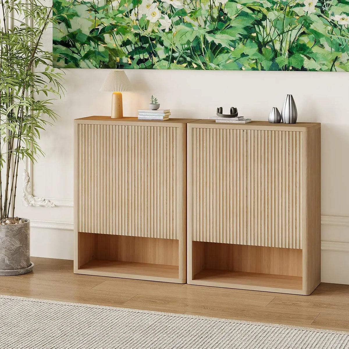 44.5 in Tall Fluted Shoe Cabinet with Doors, Large Wooden Shoe Storage Cabinet with Adjustable Shelves, Mid Century Free Standing 6-Tier Cabinet for Entryway Hallway Living Room Closet