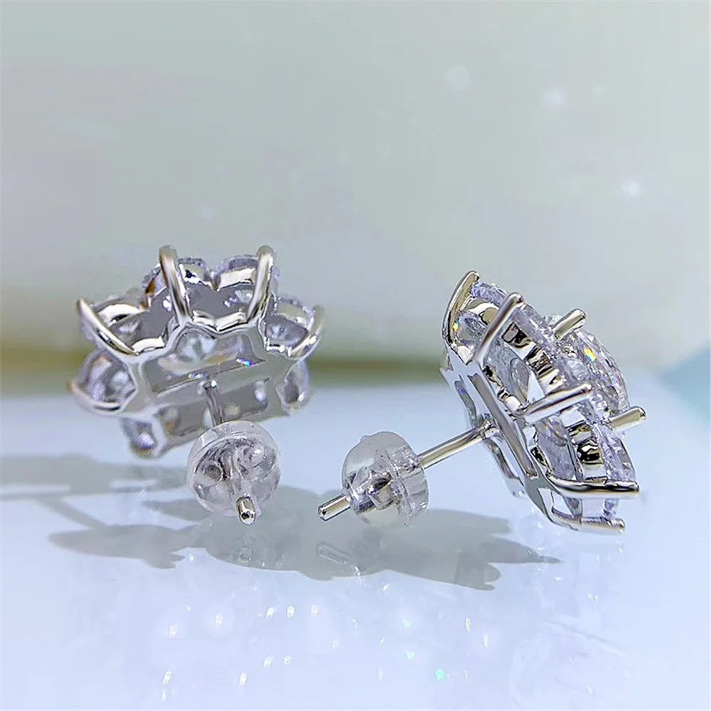 Cute Female Stone White Zircon Snowflake Stud Earrings Silver Color Wedding Jewelry For Women