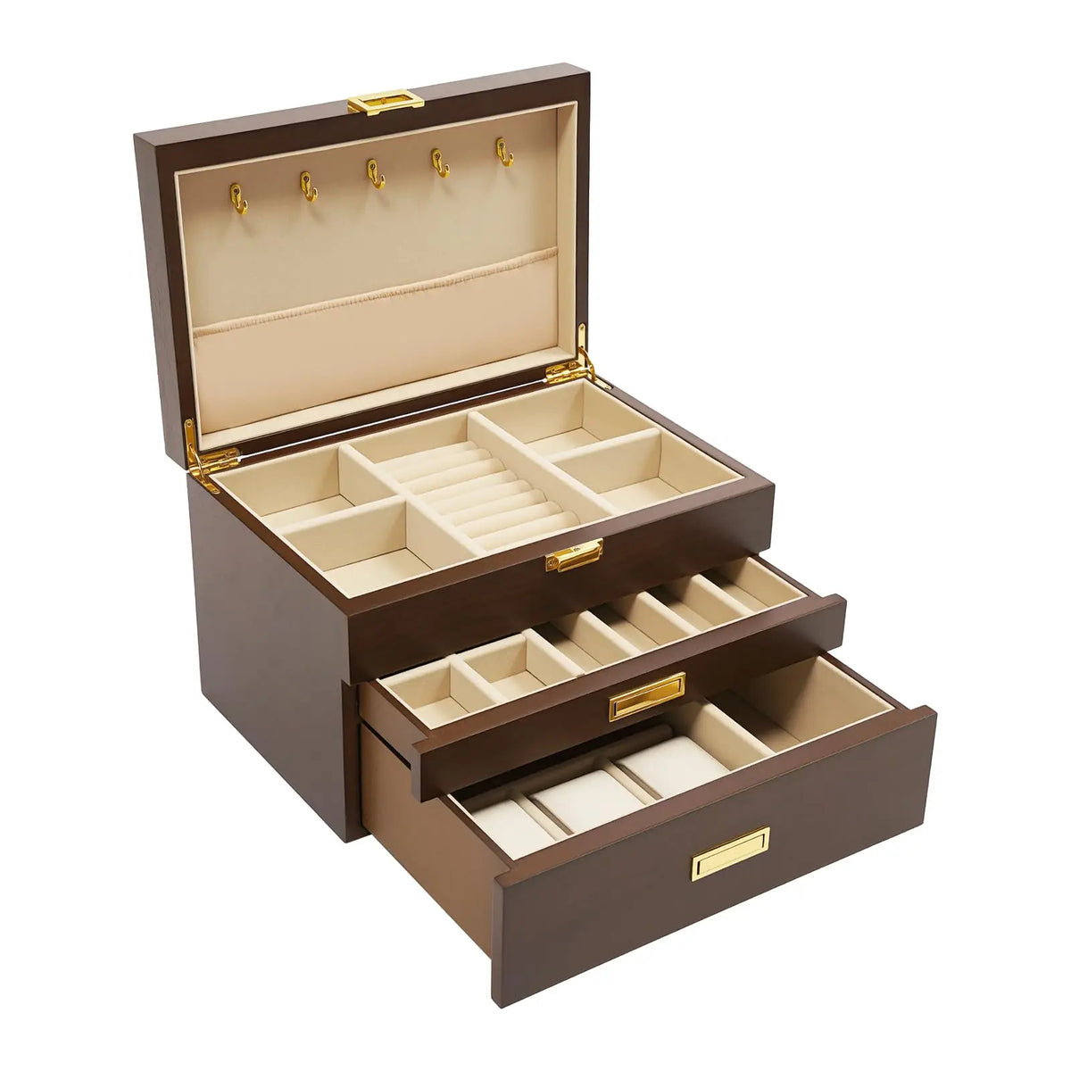 Three-Tier Wooden Jewelry Box with Drawers, Women's Ring, Necklace, Earring, and Bracelet Organizer Display Box (Black Walnut)