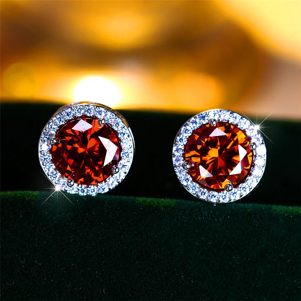 Luxury Female Crystal Purple Blue Green Round Stud Earrings Silver Color Wedding Jewelry For Women