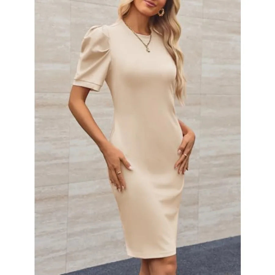 Cicy Bell Women's Puff Sleeve Bodycon Work Dresses Crew Neck Business Casual Office Pencil Dress