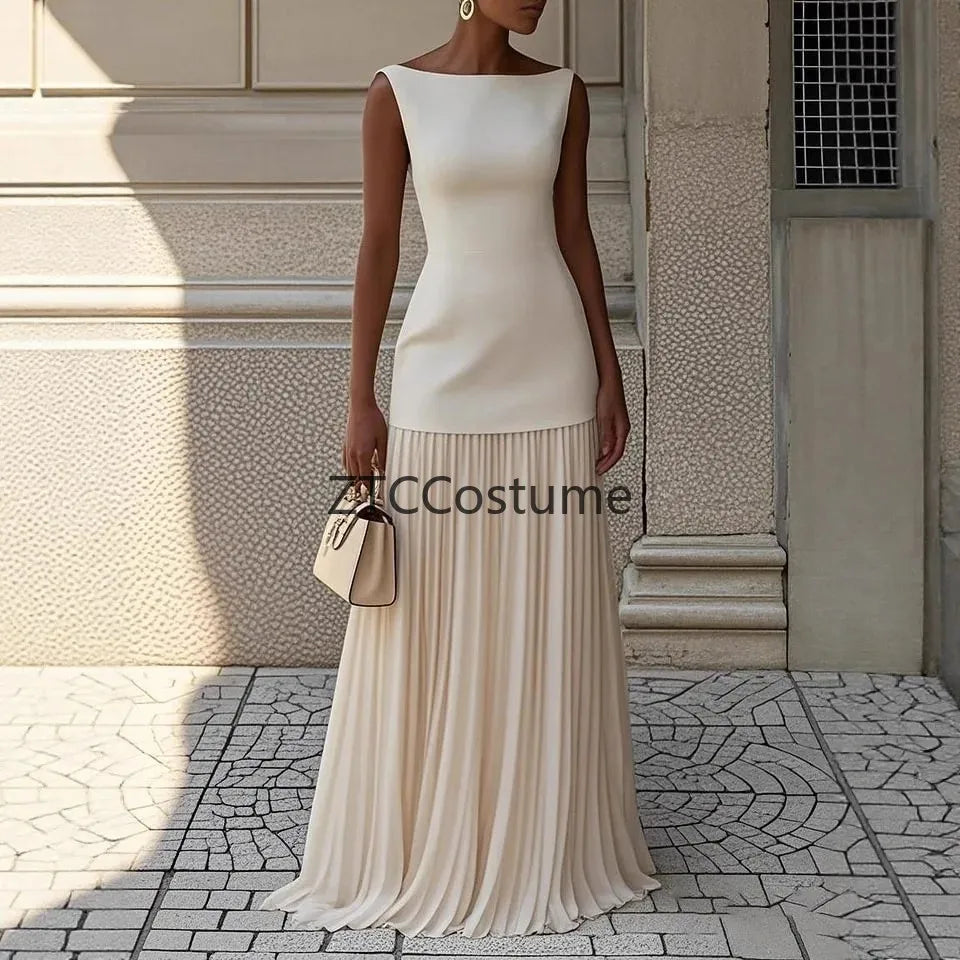 Cosplay Sexy Hollow Knit Dress Women Elegant Long Sleeveless Tank Dress Solid Splice Pleated Boho Slim Slash Neck Female Set