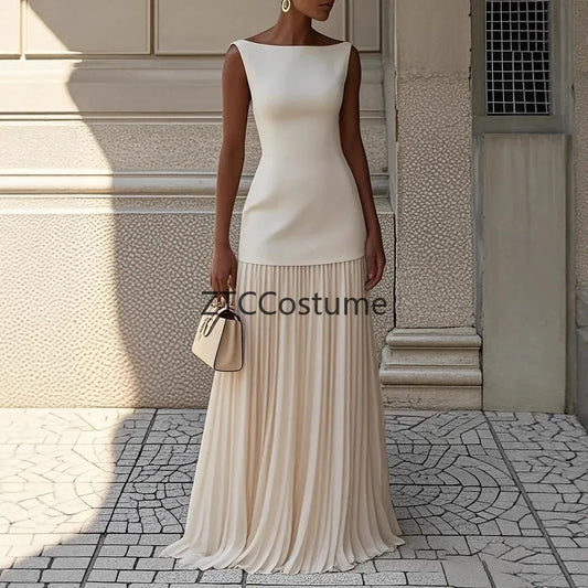 Cosplay Sexy Hollow Knit Dress Women Elegant Long Sleeveless Tank Dress Solid Splice Pleated Boho Slim Slash Neck Female Set