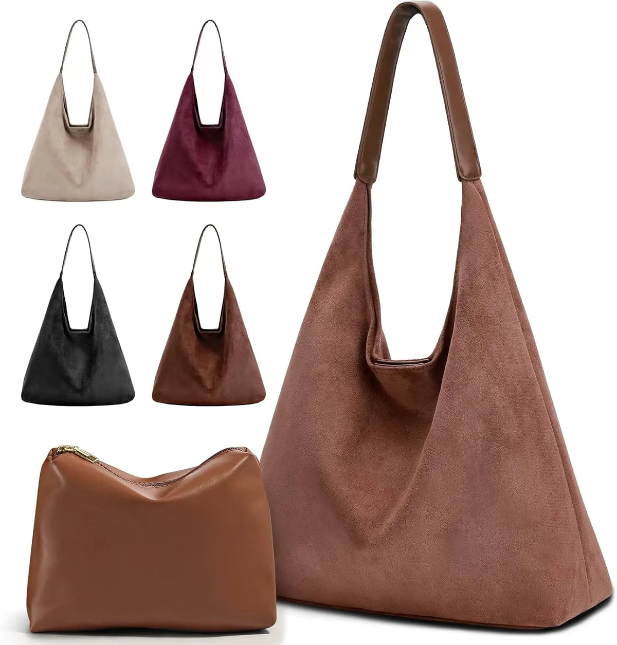 Suede Tote Bag for Woman Vintage Large Capacity with Zippered Cosmetic Organizer, Slochy Hobo Tote Bag, Underarm Bag