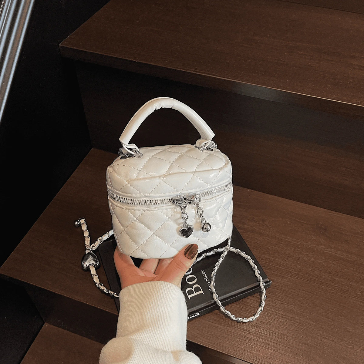 Mini Box Crossbody Bag, Silver Quilted Metallic Purse with Chain Strap, Top Handle & Heart Charm, Women's Evening Clutch