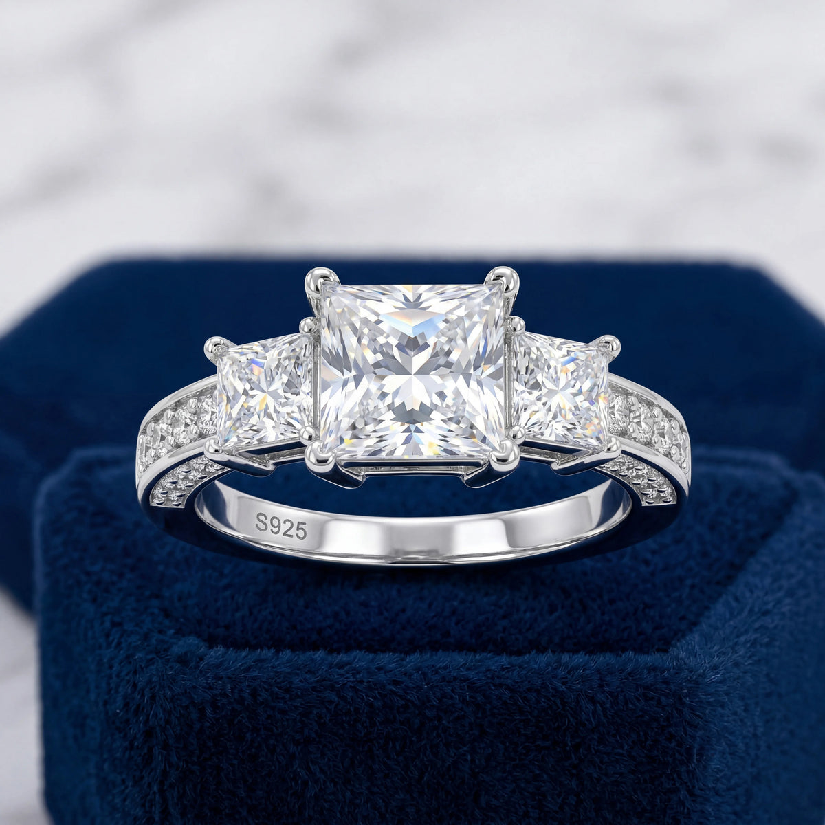 Princess Cut Three Stone Moissanite Ring, S925 Silver, D Color VVS1, 3ct, Hip Hop, Unisex, Passes Diamond Tester