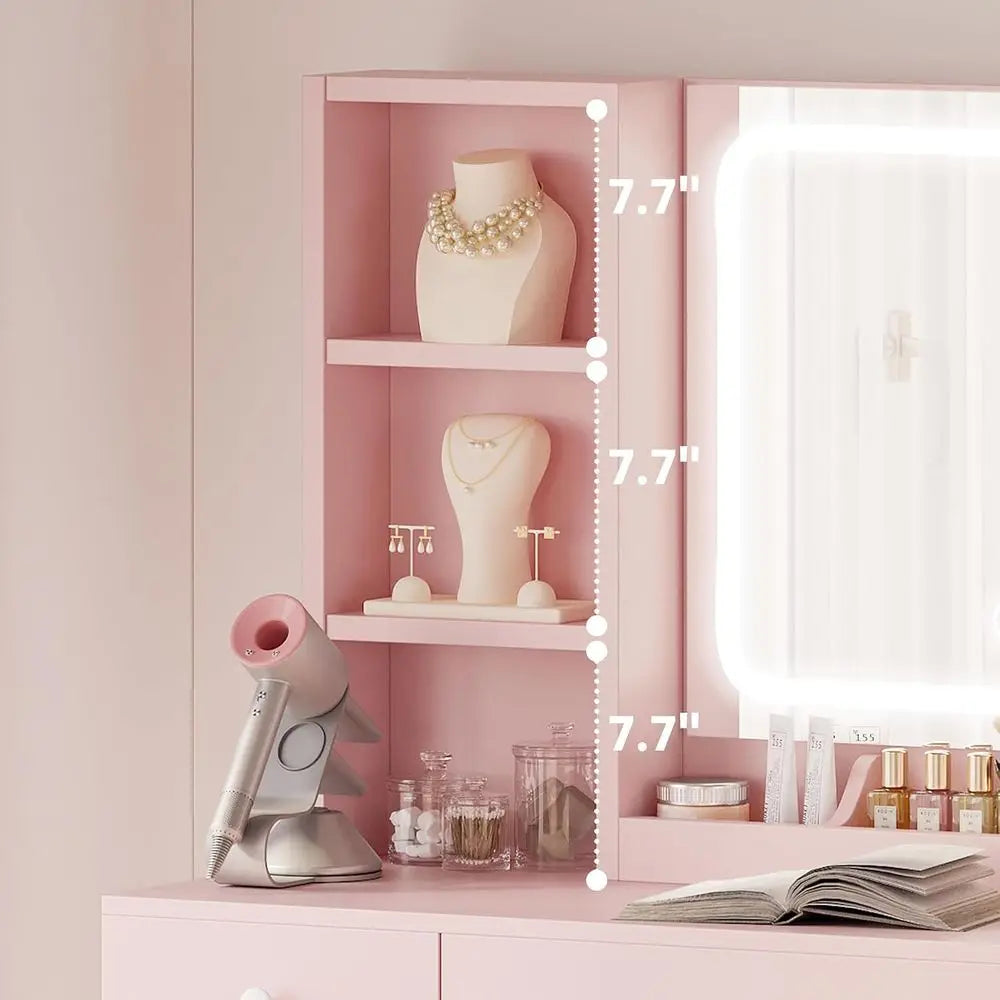 IRONCK Vanity Desk with Charging Station or Bedroom and Dring Room | LED Lights, Ders, Mirror, Storage, Der space